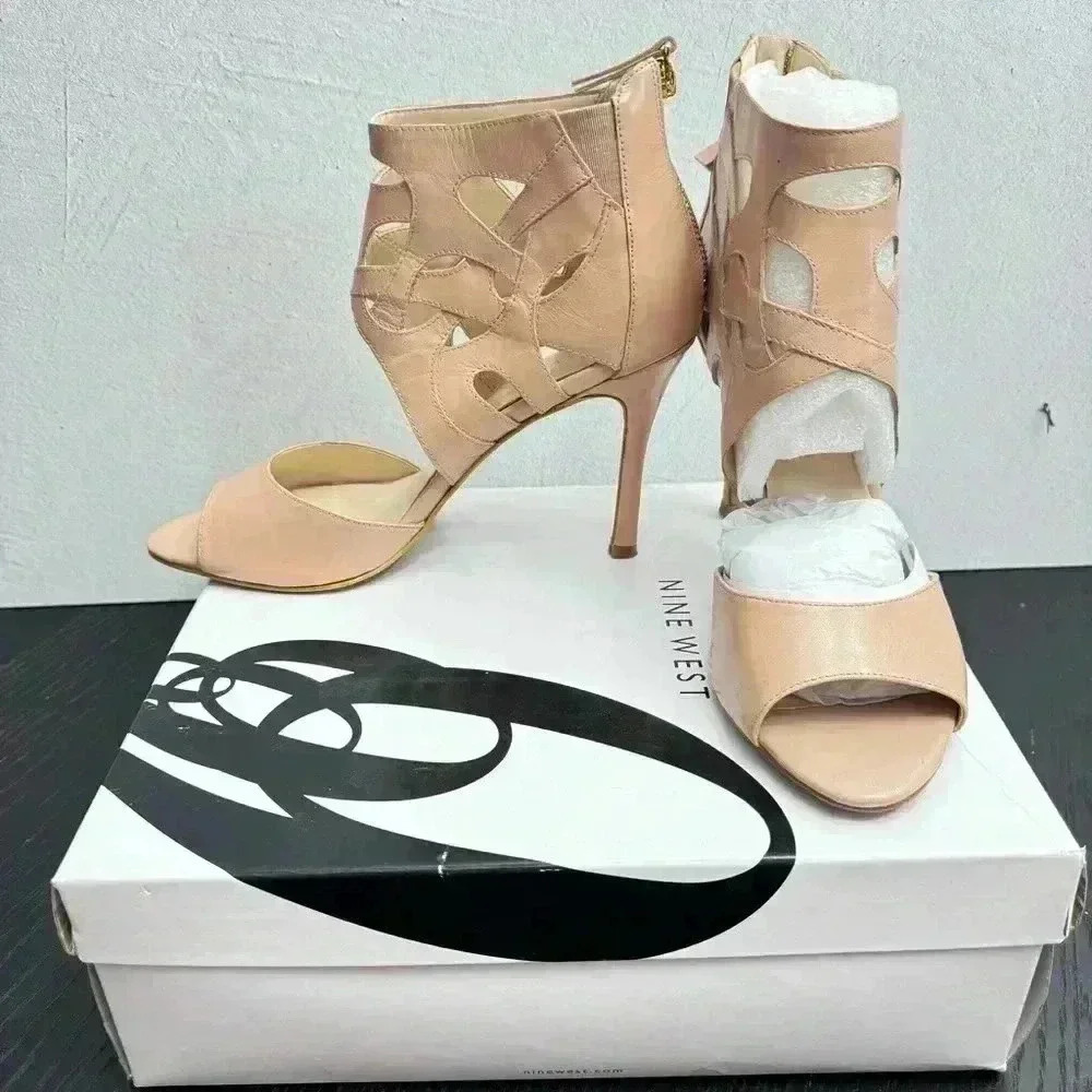 Nine West Fabeyana Leather Peep Toe Zip-Up Sandal Natural Nude Size 9 NWT